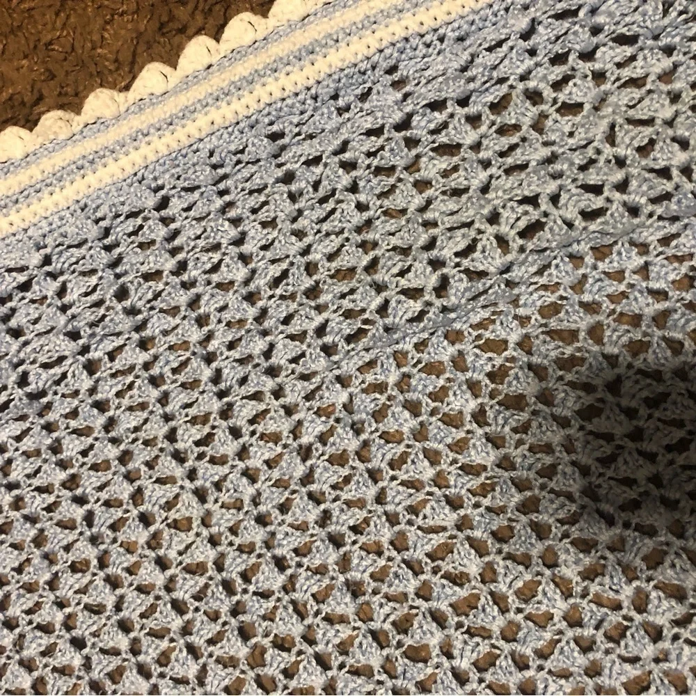 Blue Baby Blanket Hand Made Crochet White Border